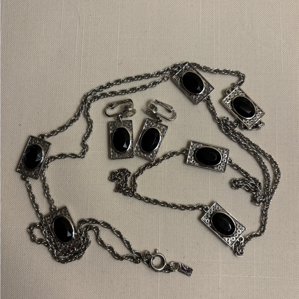 1970s Emmons Silvertone Necklace with Black Faceted Stones and Clip Earrings
